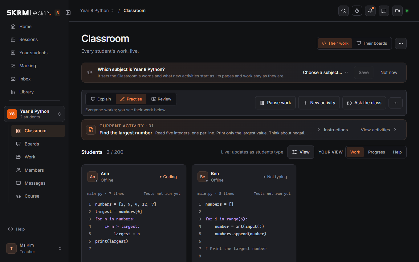 The Classroom page with students' code