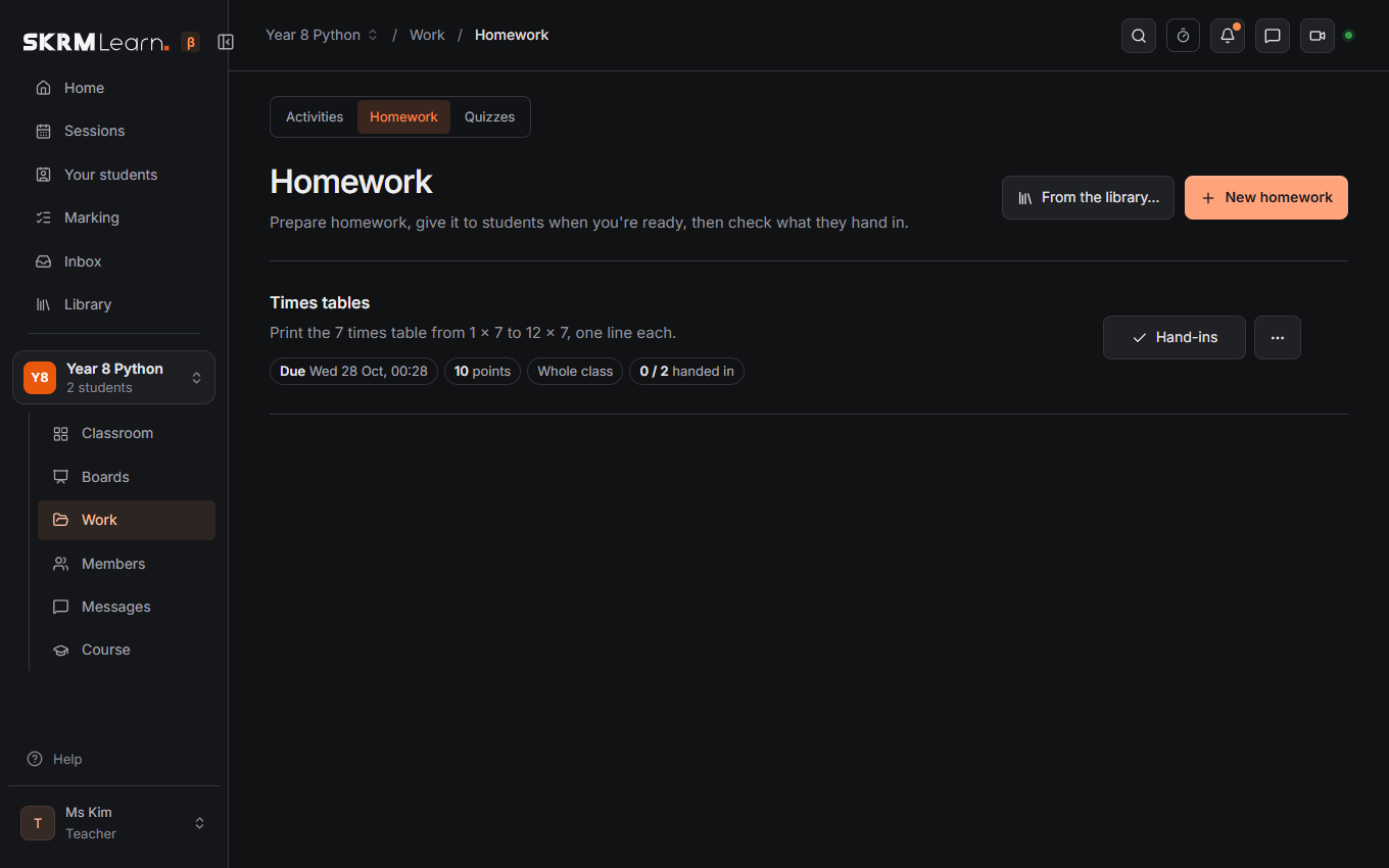 The Homework page: hand-ins to check