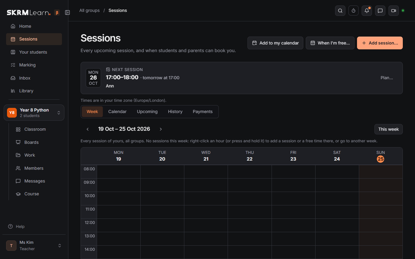 The Sessions page: your week, with the next session at the top